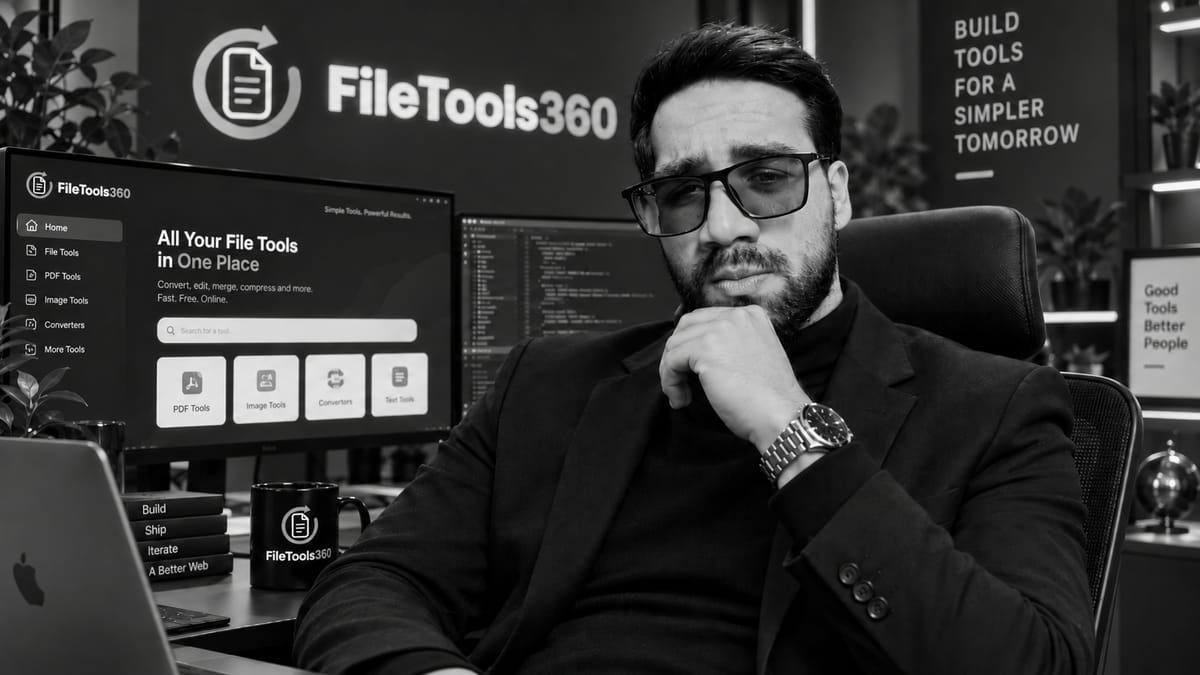 Afnan Ahsan at his desk, with the FileTools360 interface on the monitor behind him.